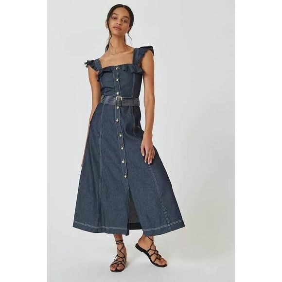 Anthropologie Atsu Ruffled Neck Structured Midi Dress